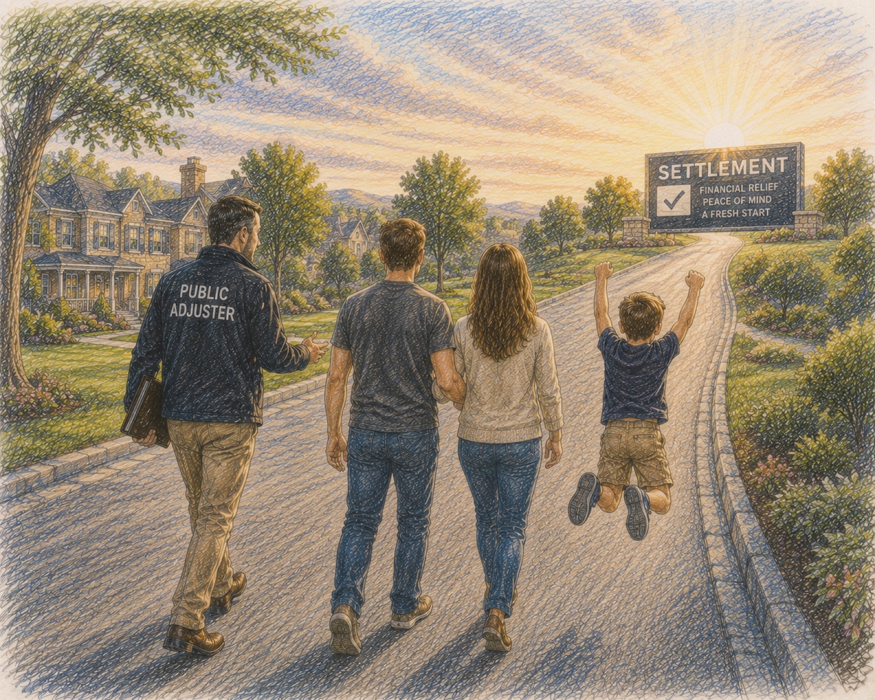 A public adjuster walking with a family toward their settlement