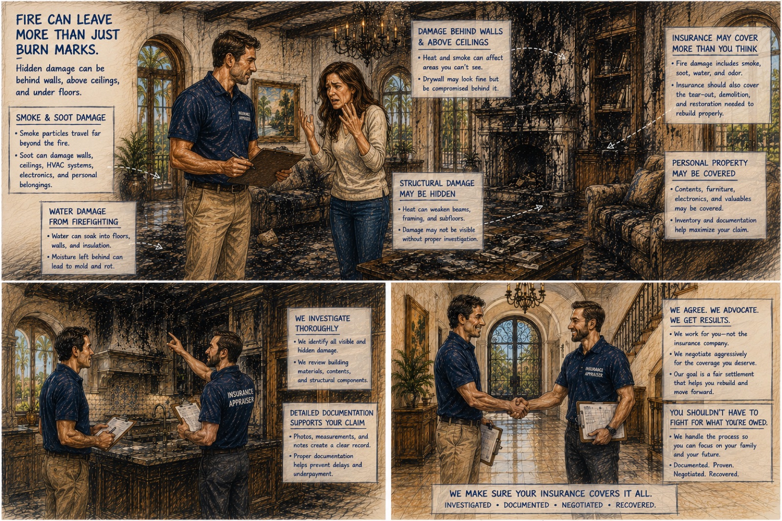 Public adjuster documenting fire damage with homeowner in fire-damaged Florida home