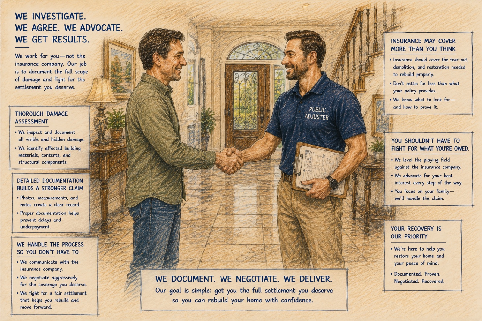 Greenlight Claims public adjuster shaking hands with homeowner after successful claim — Florida Mediterranean home interior