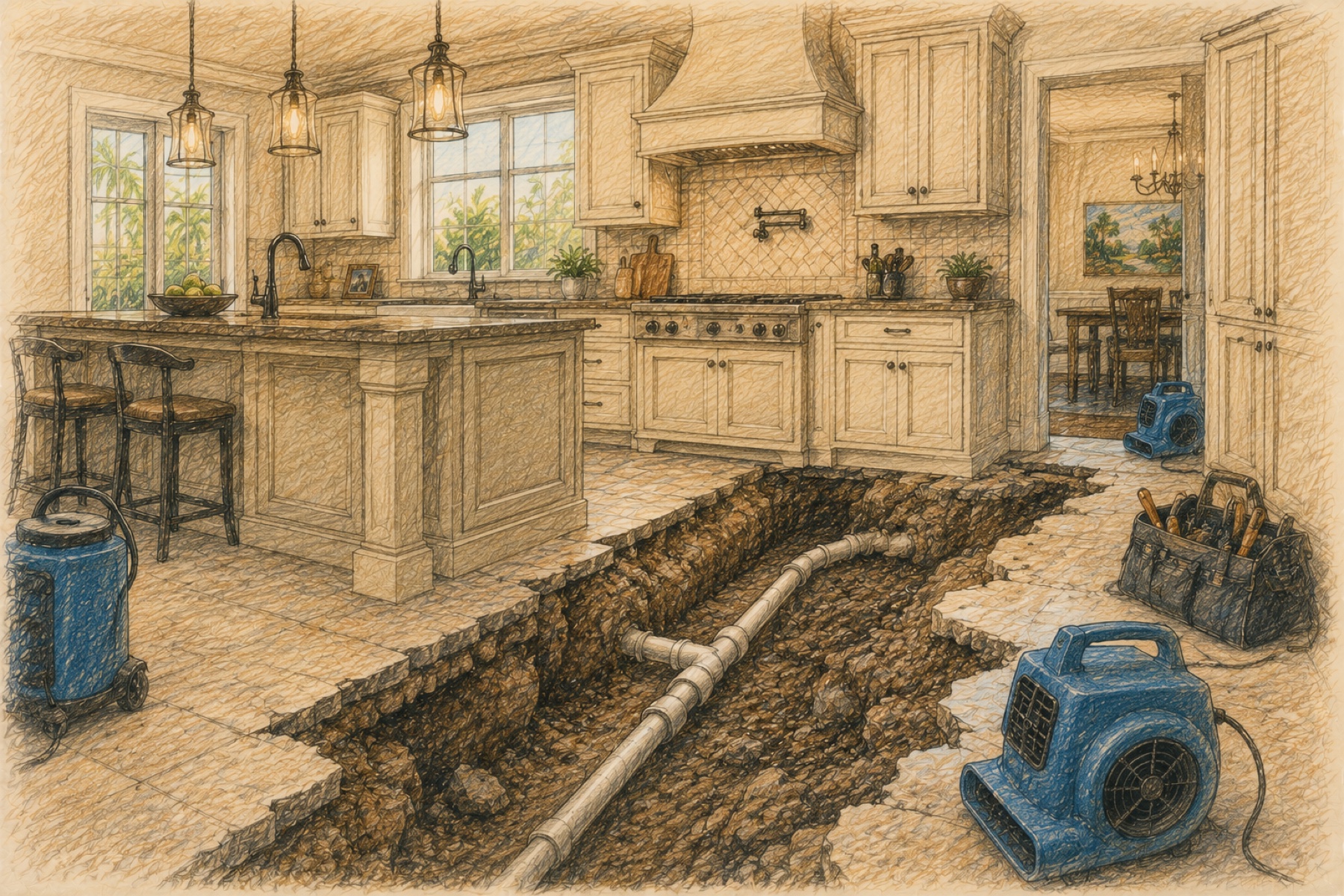 Public adjuster documenting a broken drain line beneath a Florida kitchen